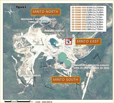 Figure 1. Minto Mine Complex Plan View Map with highlighted Drilling results in this Release. (CNW Group/Minto Metals Corp.) Figure 1. Minto Mine Complex Plan View Map with highlighted Drilling results in this Release. (CNW Group/Minto Metals Corp.)